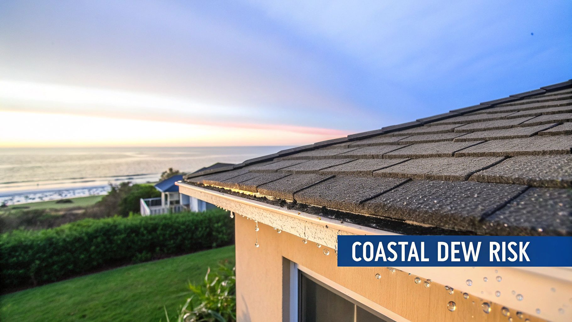 Dew-covered roof and gutter of a coastal home overlooking the ocean at sunrise, with text 'Coastal Dew Risk'.