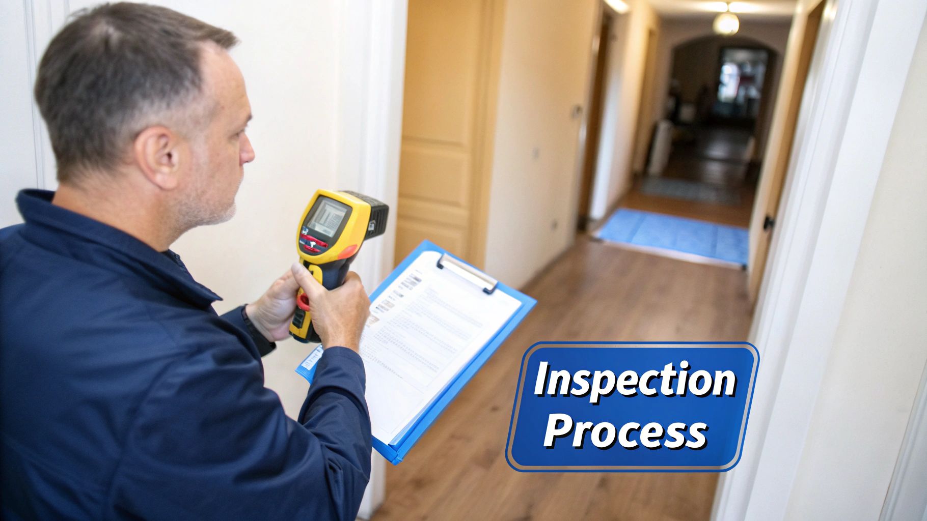 A man in uniform uses a thermal imager and clipboard during an inspection process in a home.