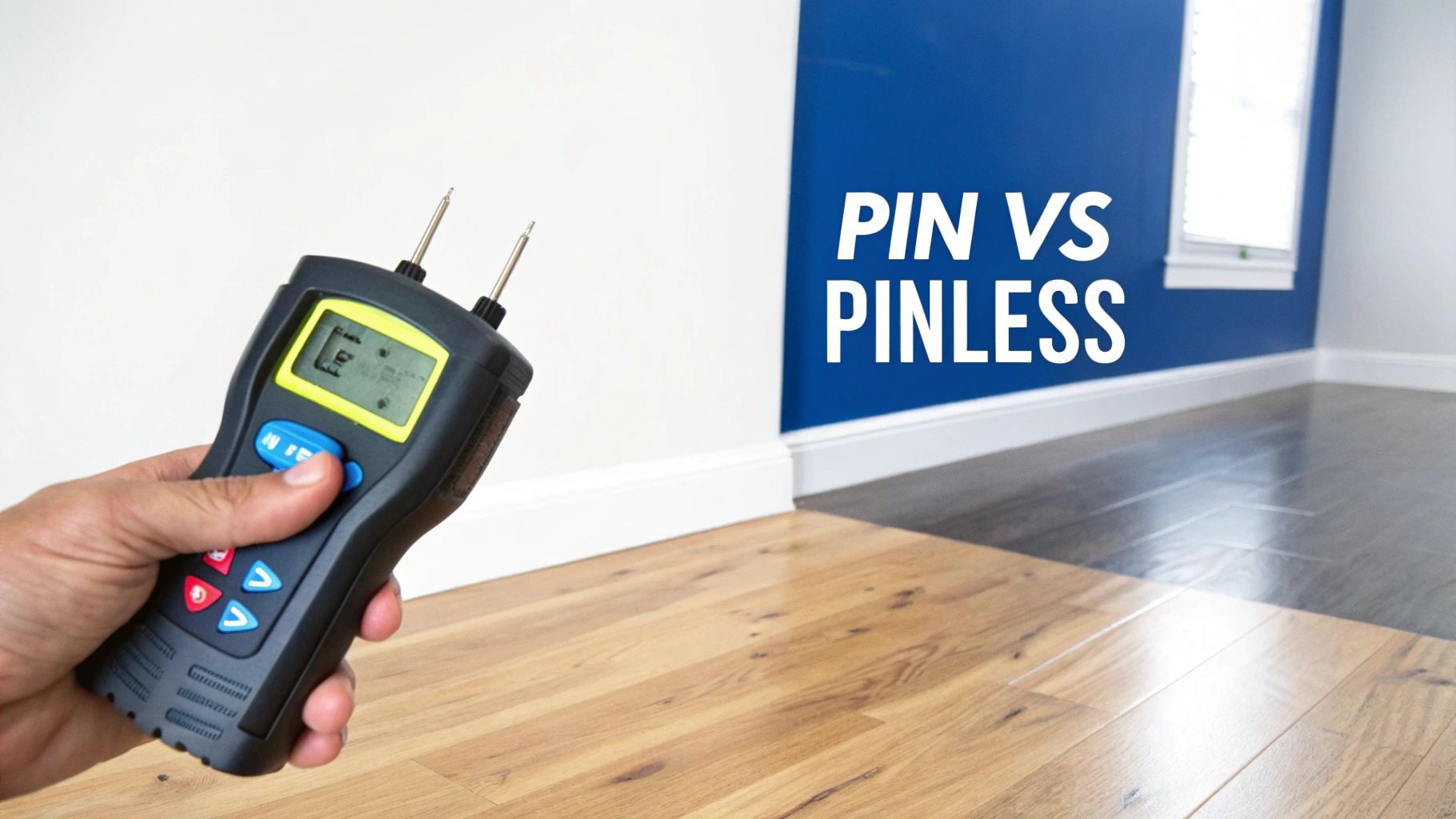 A hand holds a pin-type moisture meter with a digital display, against a backdrop of wood flooring and a blue wall.