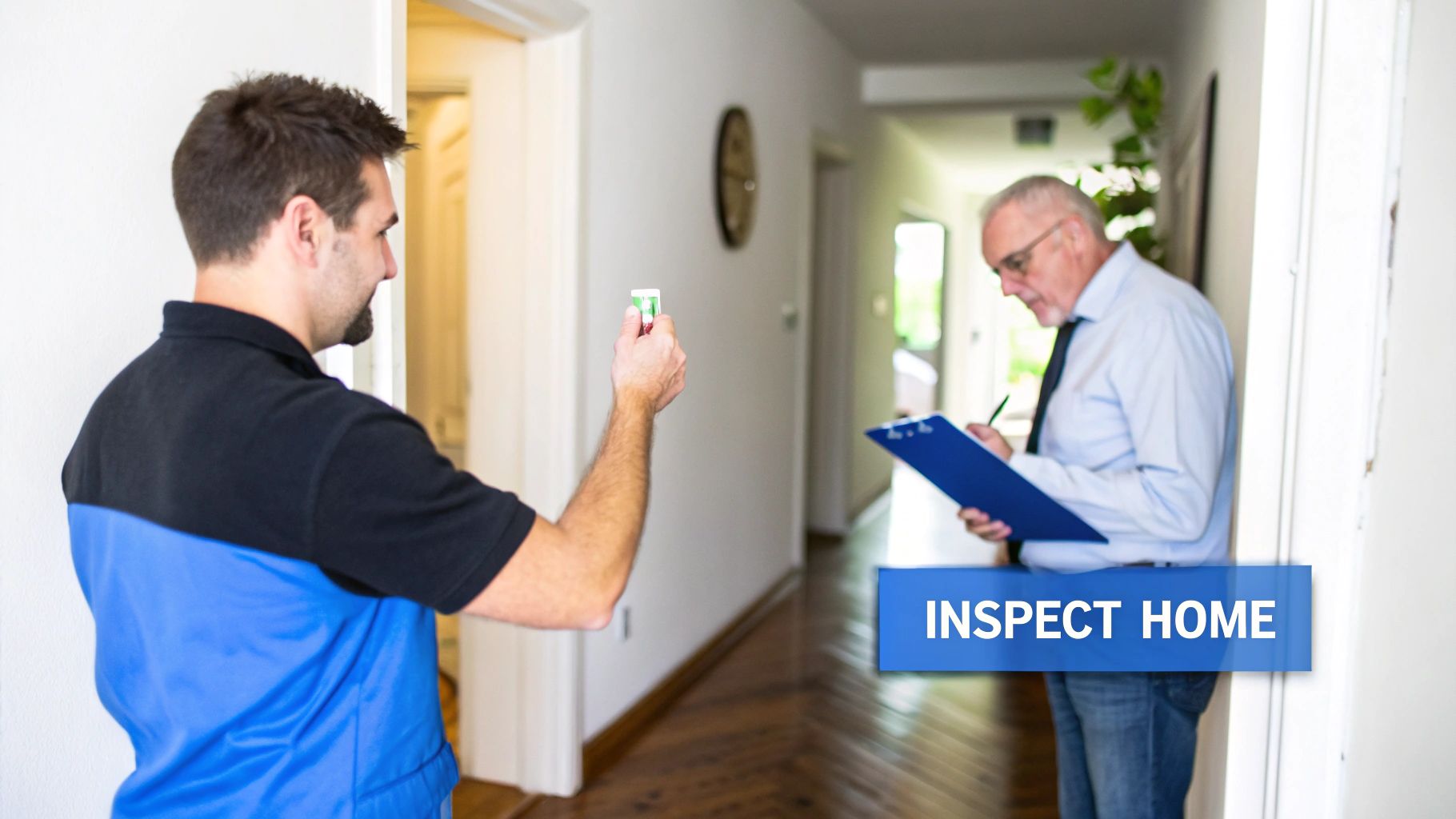 Two professional home inspectors working in a hallway, one performing a test, the other writing notes.