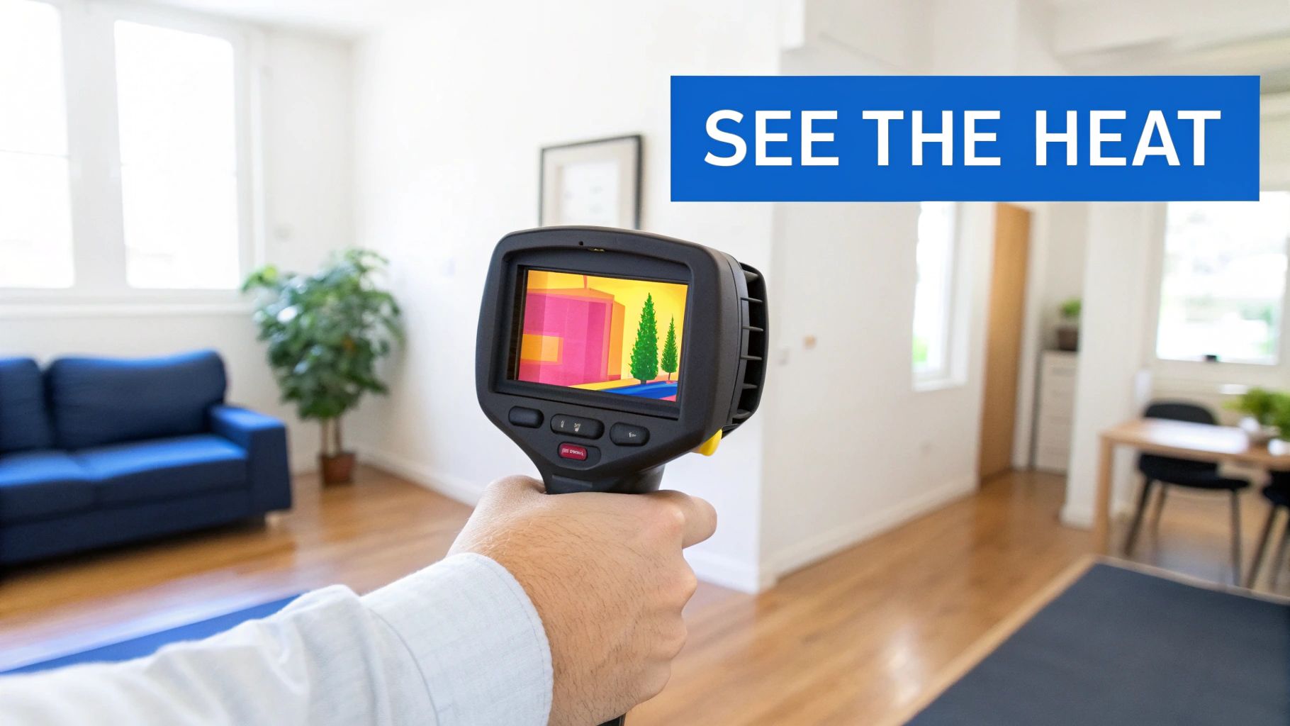 Hand holding an infrared camera in a home, revealing heat distribution for inspection.