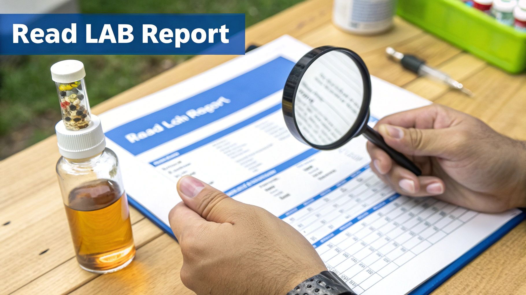 A person's hands use a magnifying glass to examine a lab report, next to a medical sample bottle.
