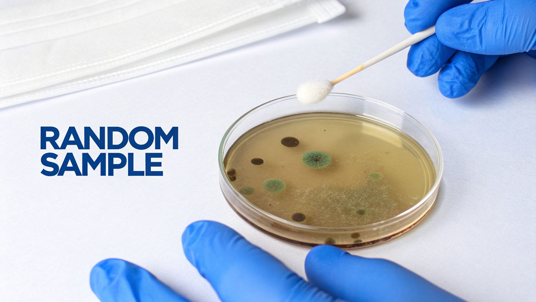A gloved hand swabs a petri dish with various mold colonies, next to a face mask and "RANDOM SAMPLE" text.