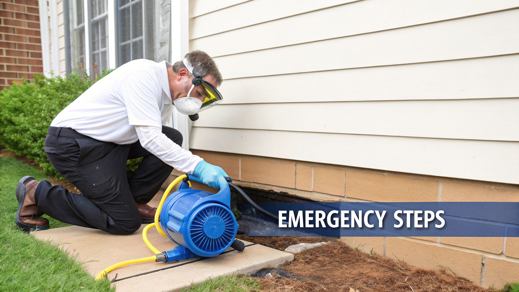 A professional wearing protective gear uses a blue air mover to dry a house's crawl space.