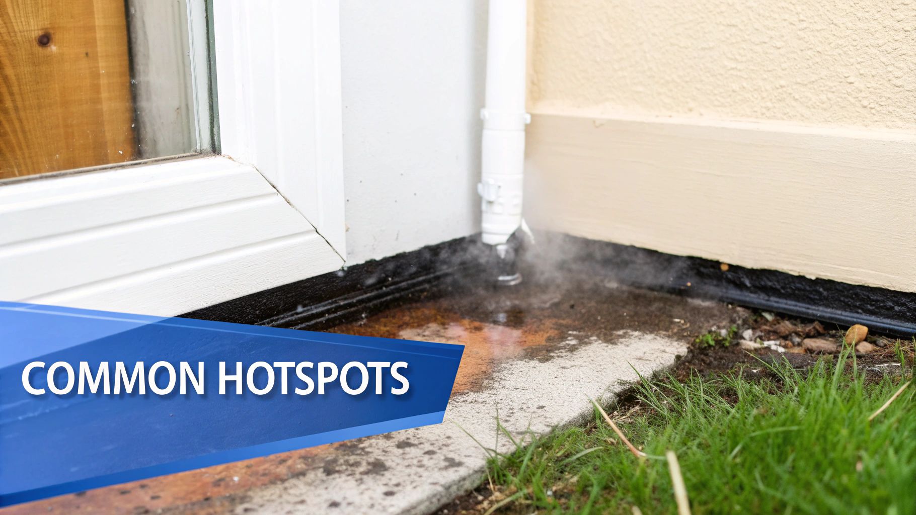 Water or steam leaking from a white pipe near a house foundation, indicating a moisture hotspot.
