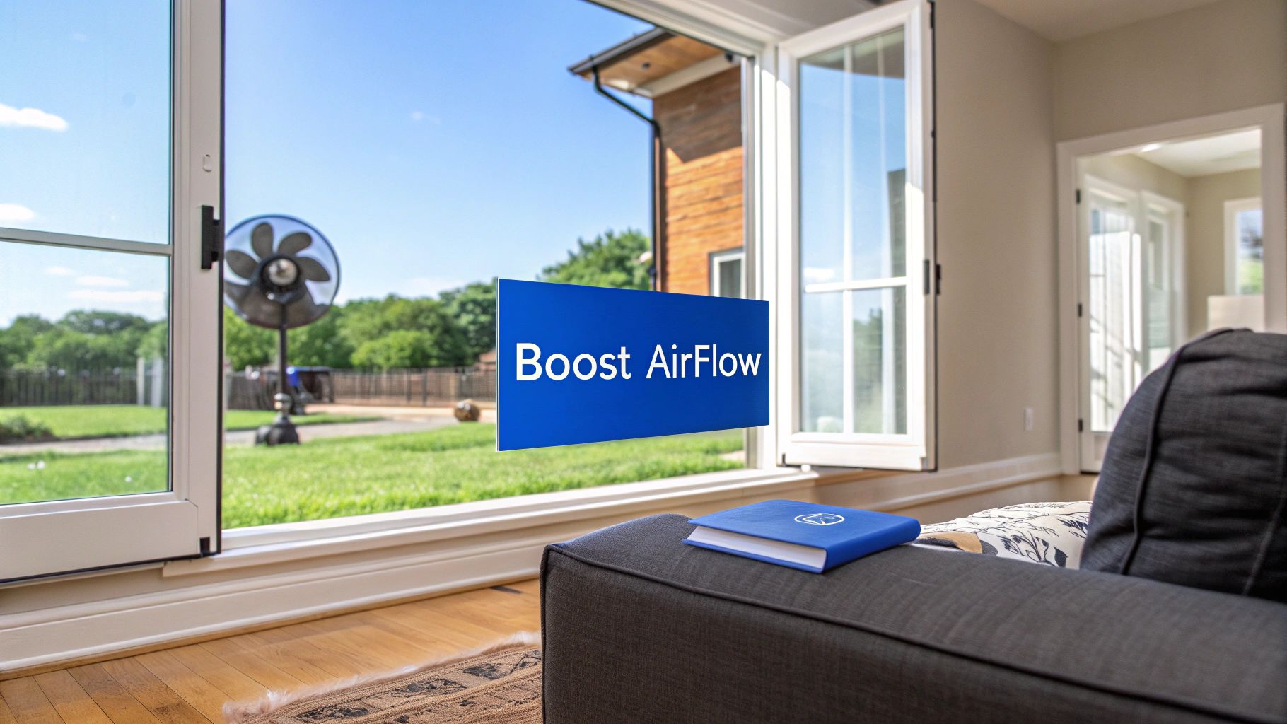 A bright living room with an open patio door, a fan outside, and a 'Boost AirFlow' sign.