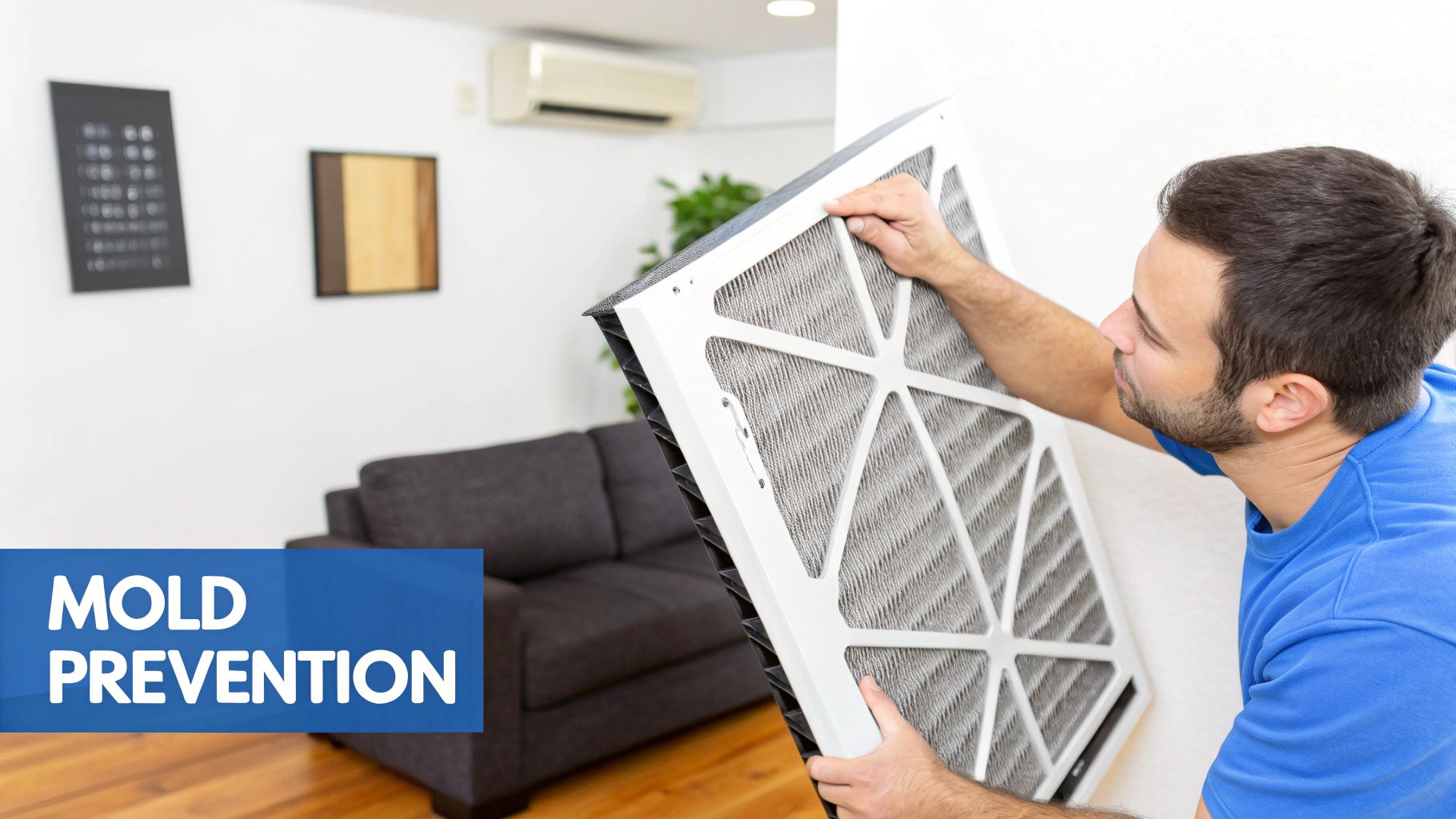 A man holds and inspects a dirty air filter from an HVAC system, focused on mold prevention.