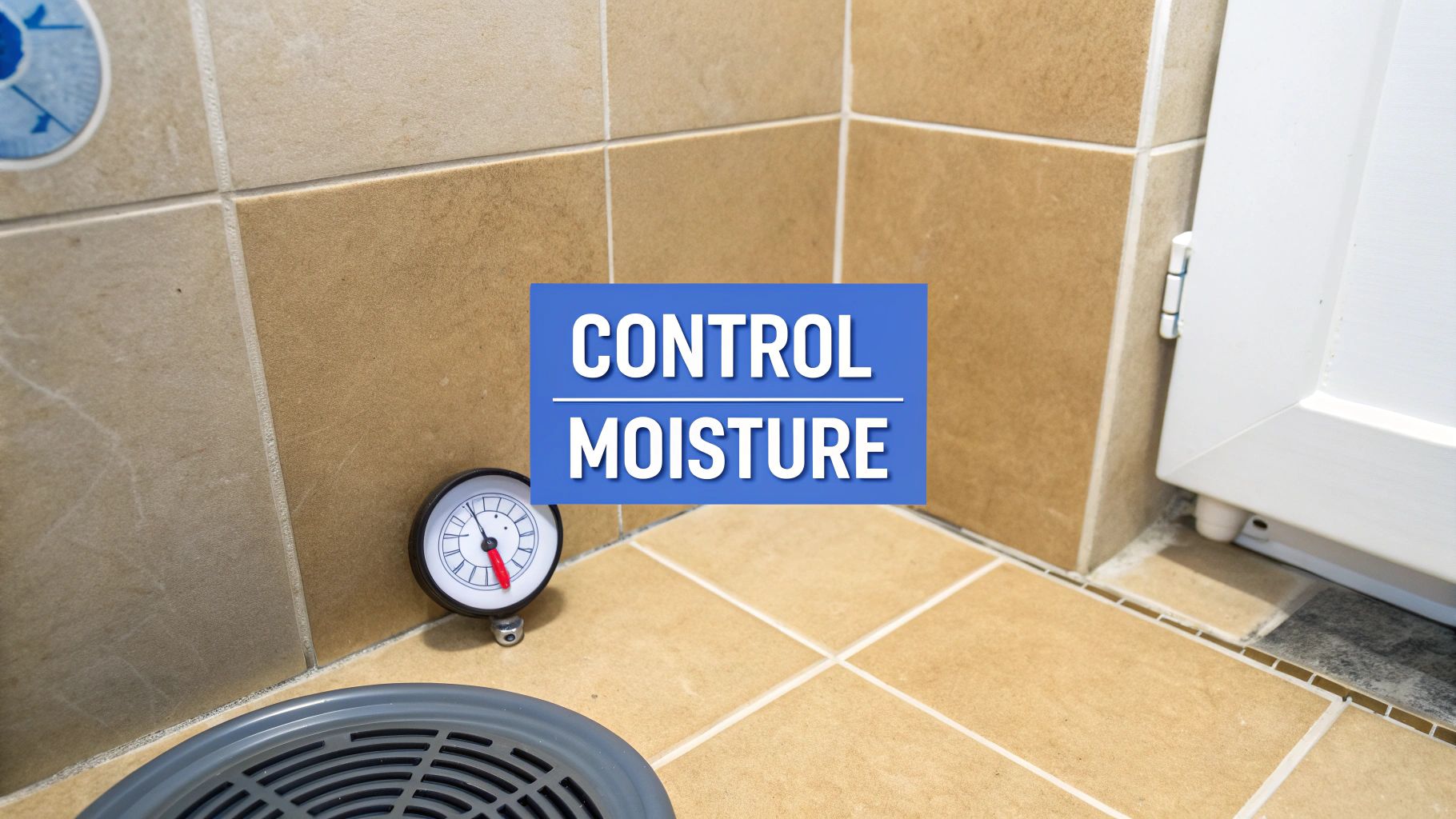 A moisture gauge on a tiled floor and wall next to a white door, with a blue overlay stating 'CONTROL MOISTURE'.
