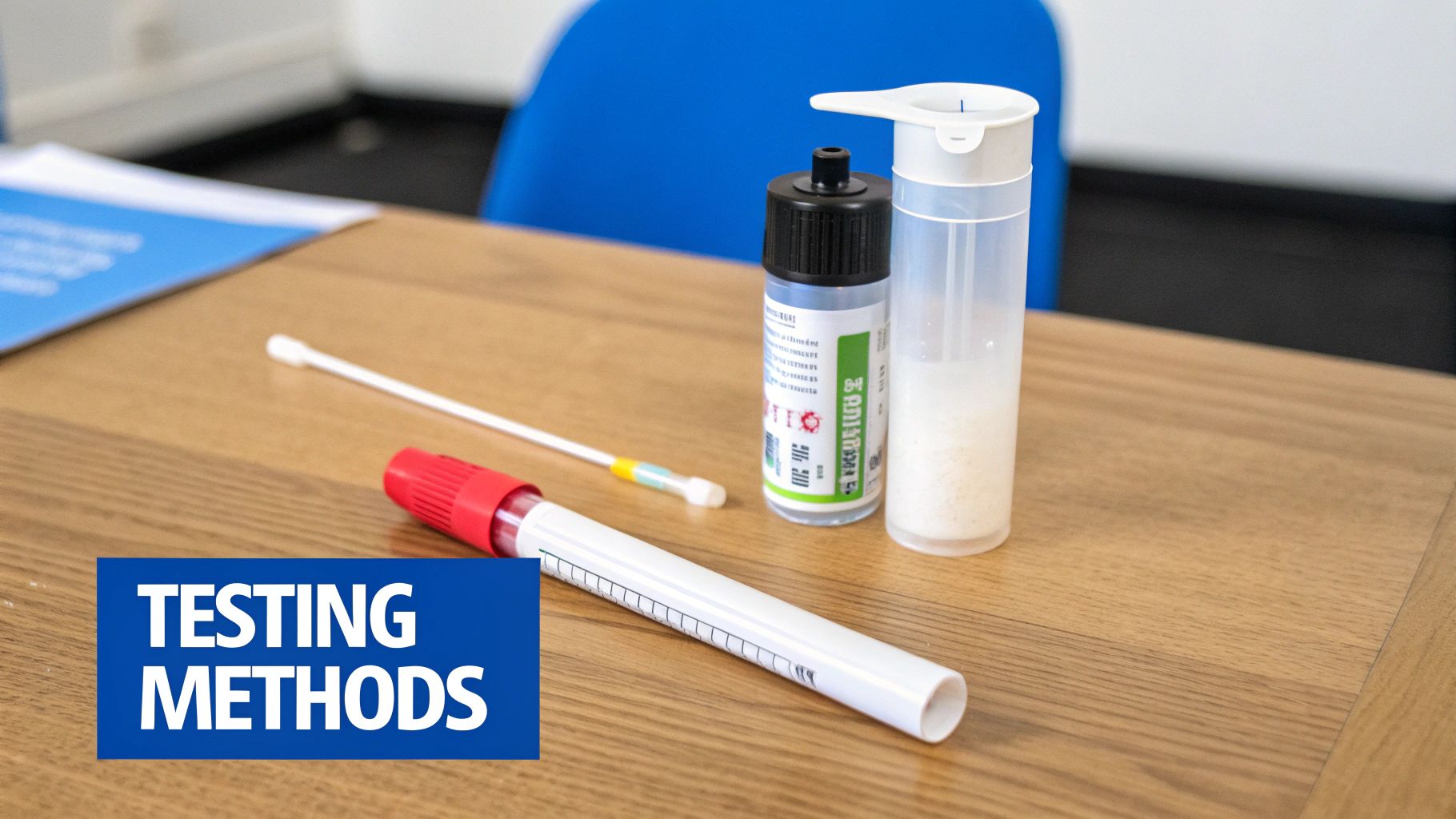 A close-up of various items from a testing kit on a wooden table, including a swab and tubes, with 'TESTING METHODS' overlay.