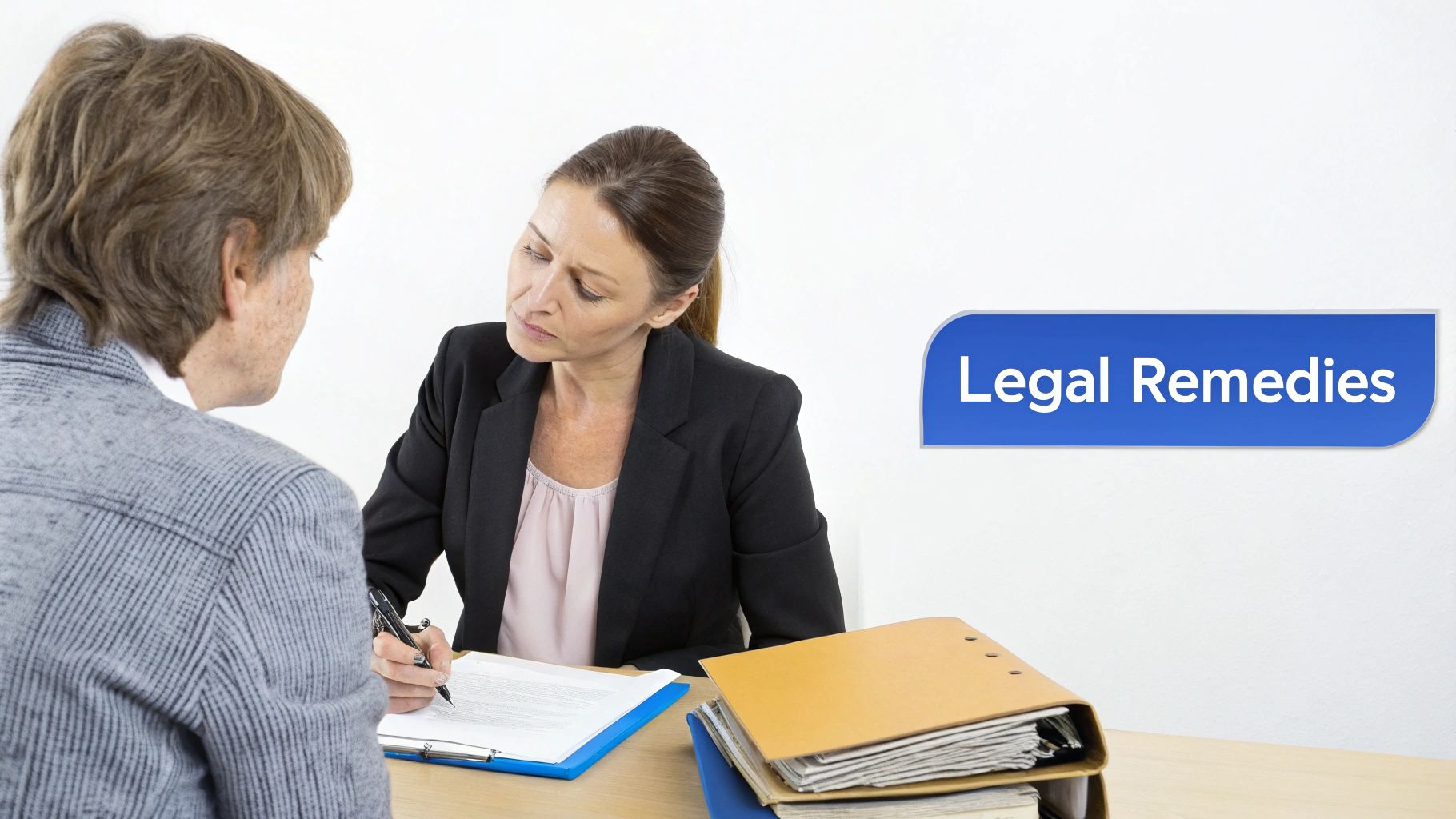 A female legal professional consults with a male client, writing notes during a meeting on legal remedies.