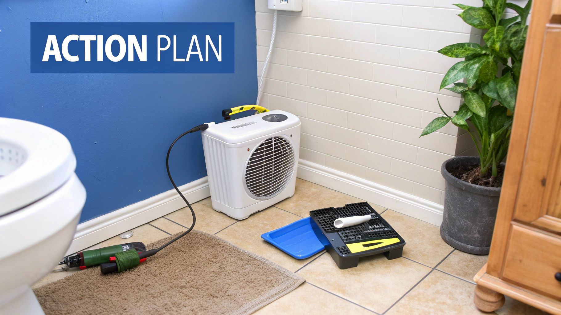 A bathroom corner with a white fan, tools, and an 'ACTION PLAN' banner on a blue wall, suggesting a home project.