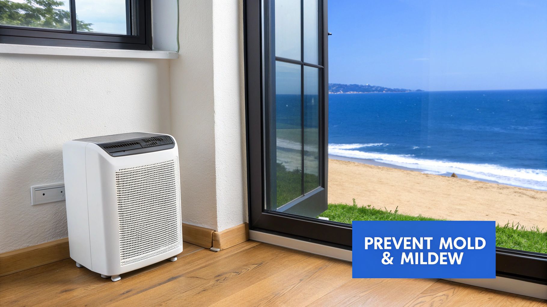 A white dehumidifier sits indoors by a large window with an ocean and beach view, promoting mold prevention.
