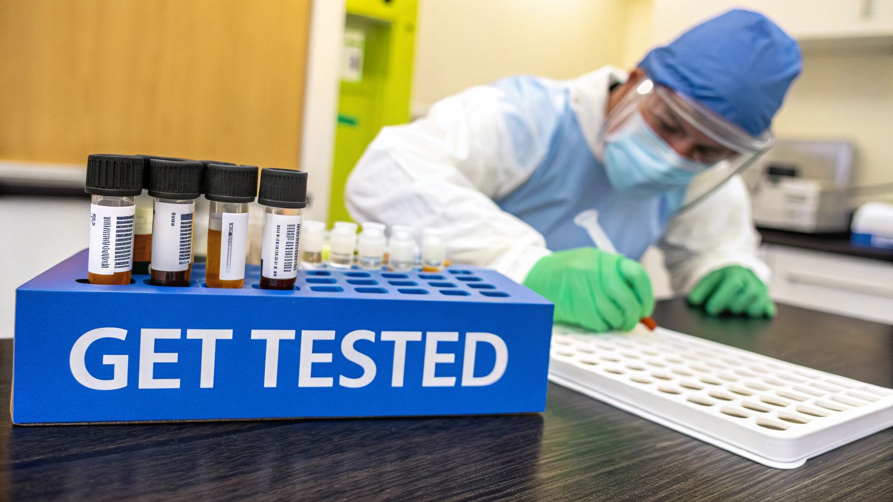 A lab worker in PPE processes samples next to test tubes in a 'GET TESTED' rack.