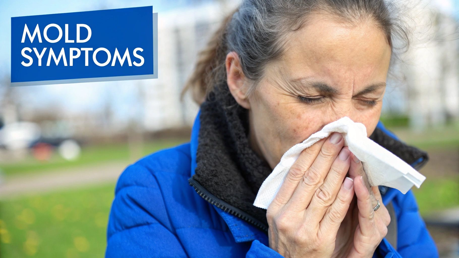 Close-up of a woman sneezing into a tissue, showing common mold allergy symptoms.