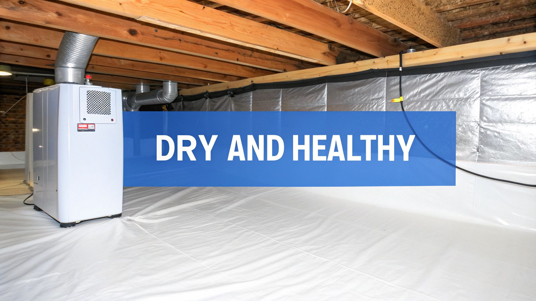 A professional installing a white vapor barrier in a crawl space.