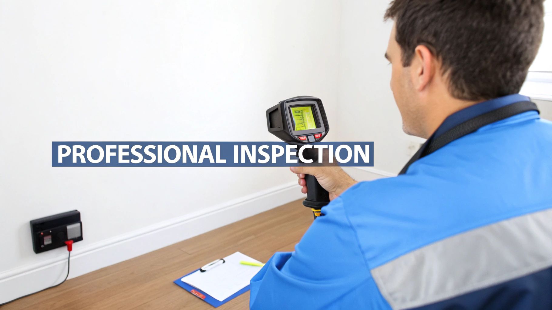 Professional inspector using thermal imaging camera to conduct house environmental testing on wall