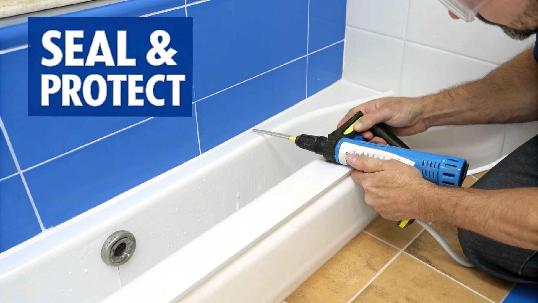 A person uses a caulk gun to seal the edge of a white bathtub against blue tiled walls, with 'SEAL & PROTECT' overlay.