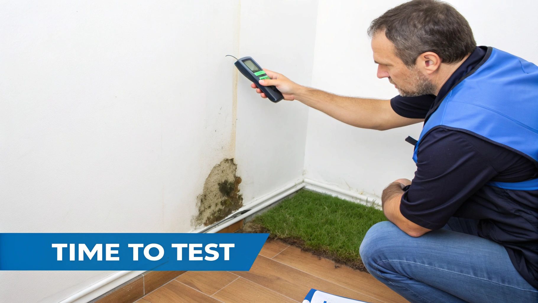 A man in a blue vest tests a wall with a moisture meter, revealing mold and dampness.