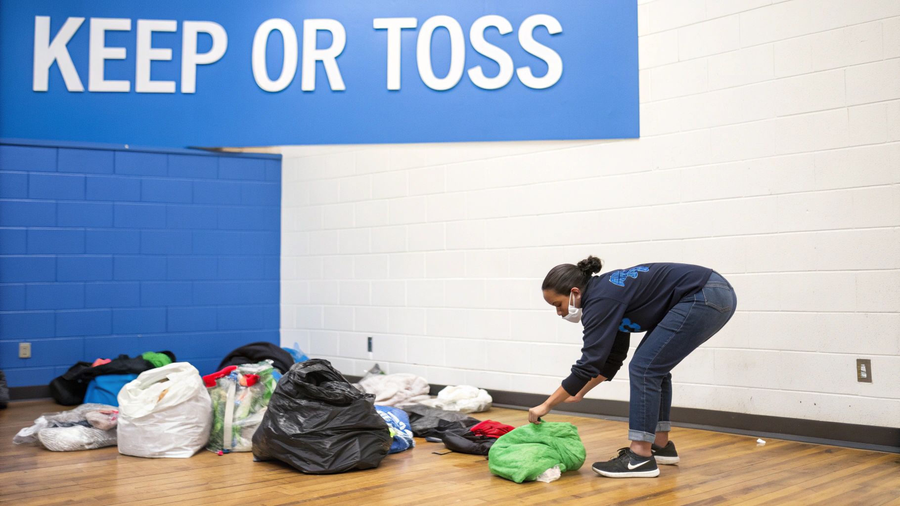 A masked woman sorts through piles of clothes and bags on a wooden floor under a 'KEEP OR TOSS' sign.