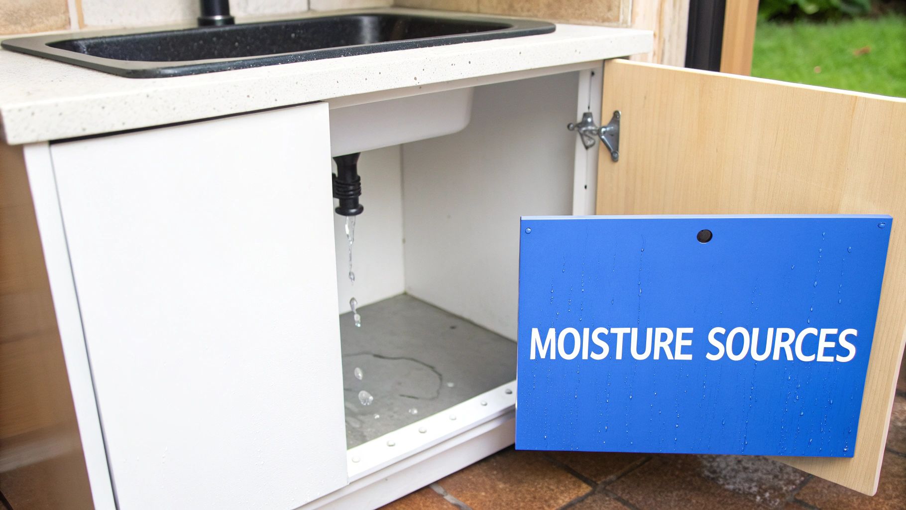 Water leaking from a sink drain pipe inside an outdoor cabinet, next to a 'Moisture Sources' sign.