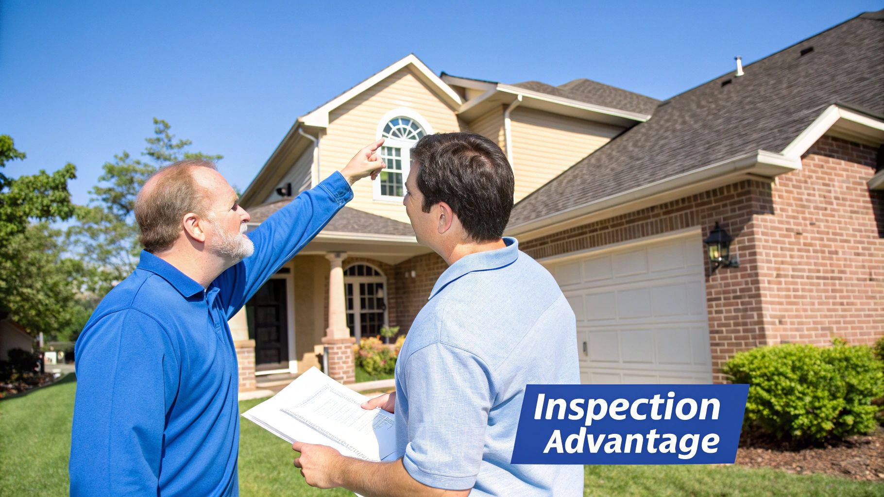 Home inspector and homeowner examining residential property exterior during pre-purchase inspection