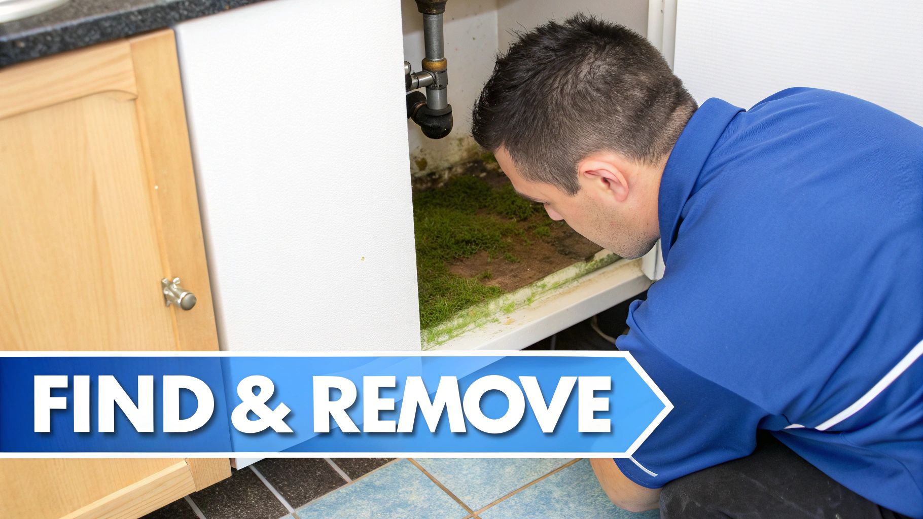 A person inspecting the area under a kitchen sink with a flashlight, looking for signs of moisture or mold.