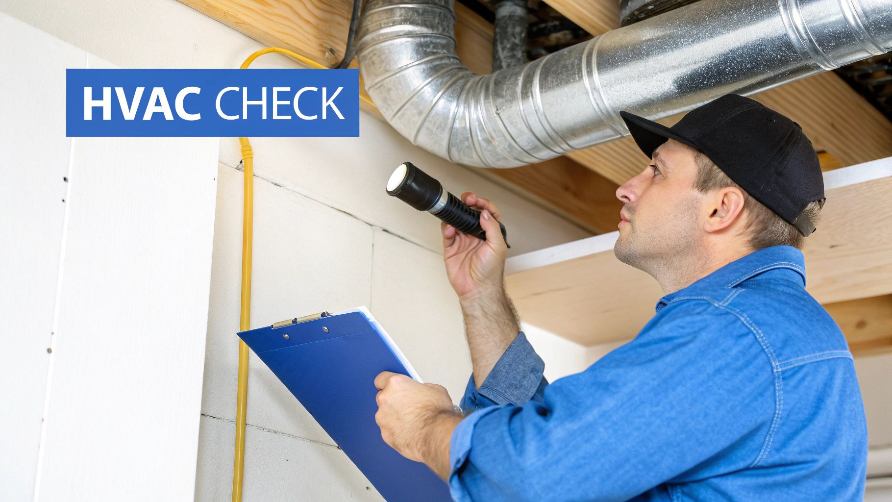 A technician inspects HVAC ductwork with a flashlight and clipboard during a real estate due diligence check.