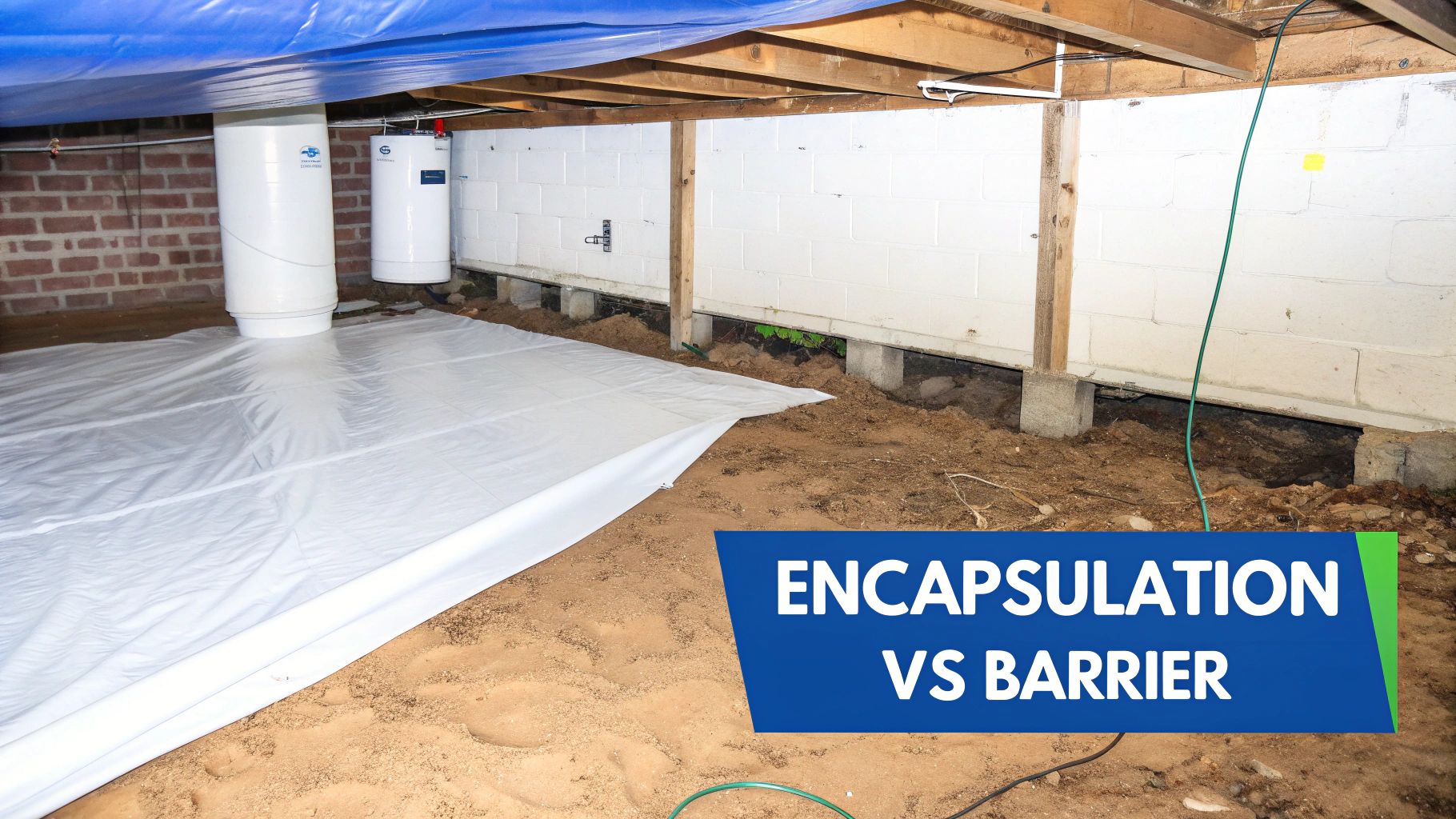 Installation of a white vapor barrier in a residential crawl space with support posts.