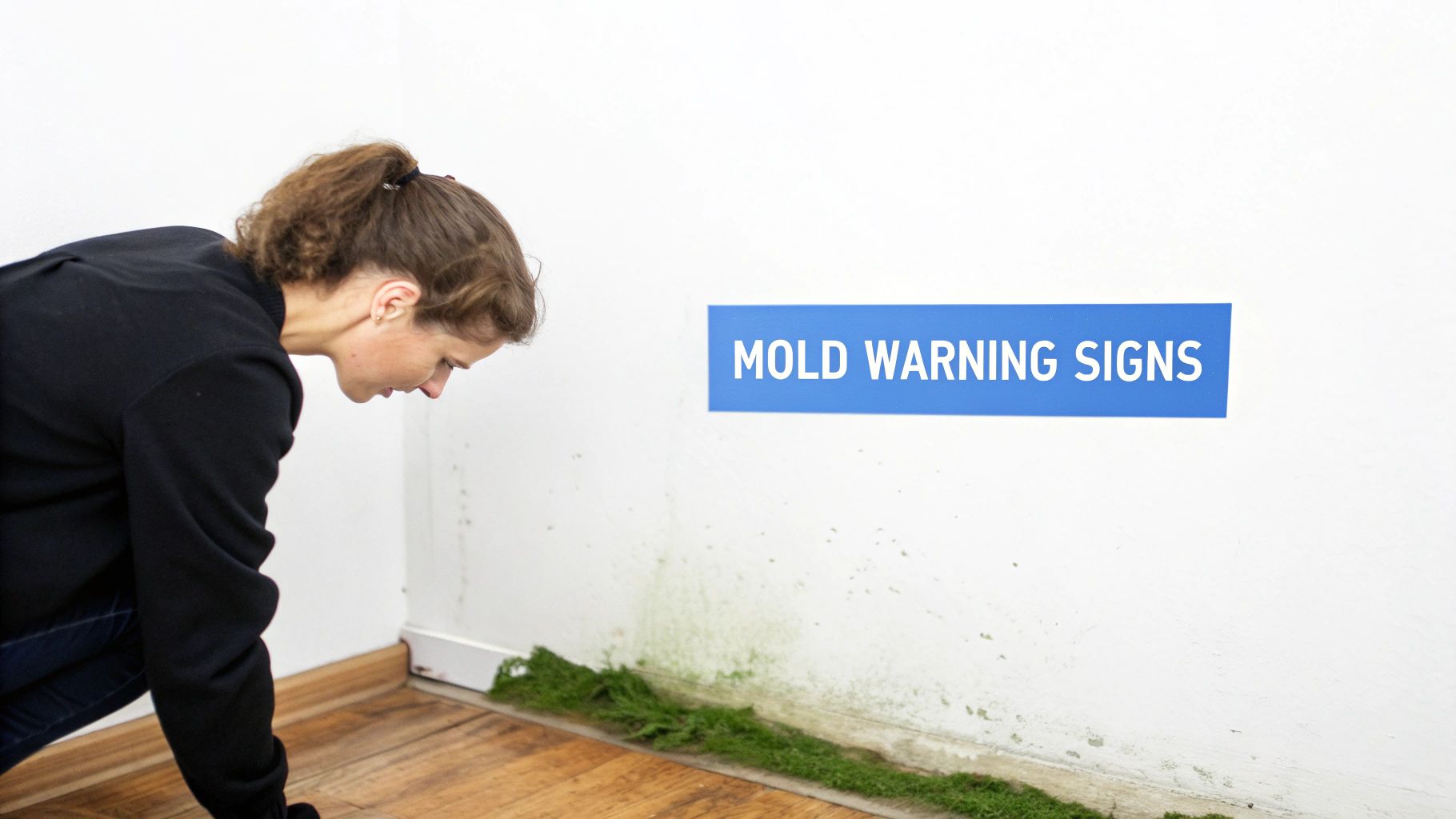 A woman inspecting a wall and floor corner with extensive green mold growth, next to a "MOLD WARNING SIGNS" banner.