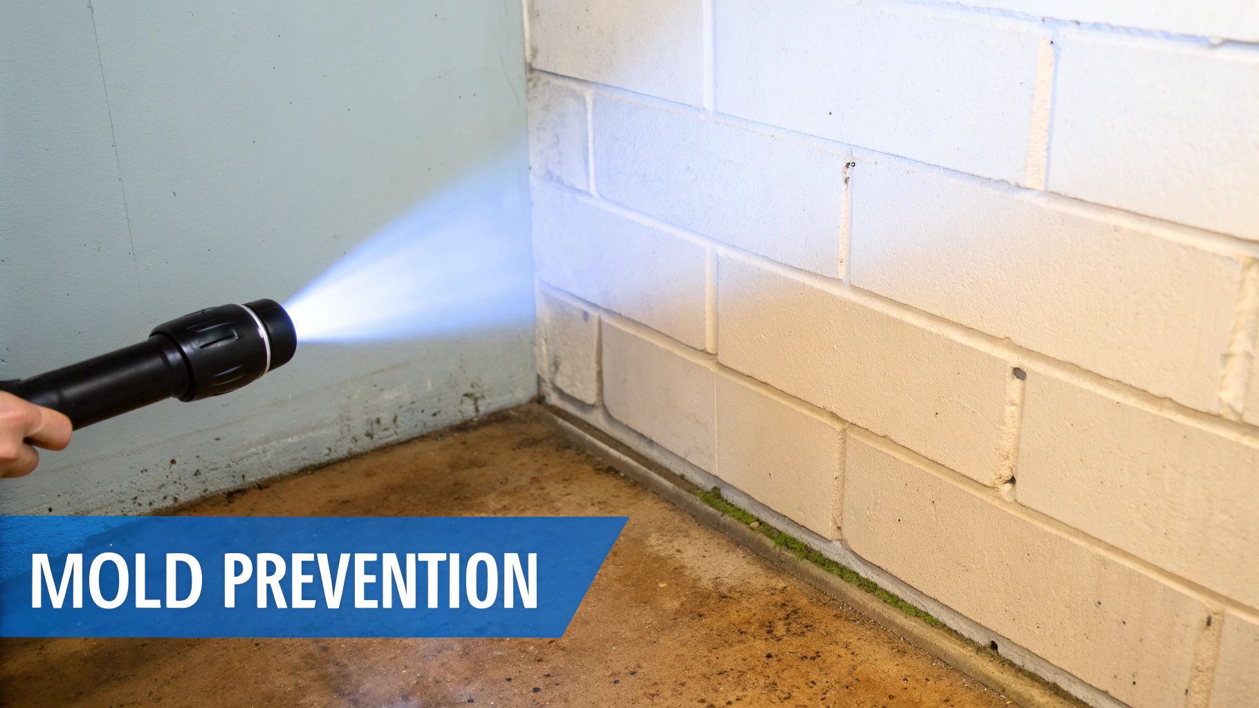 A flashlight beam illuminates a damp basement corner with mold at the base of a brick wall, labeled 'MOLD PREVENTION'.