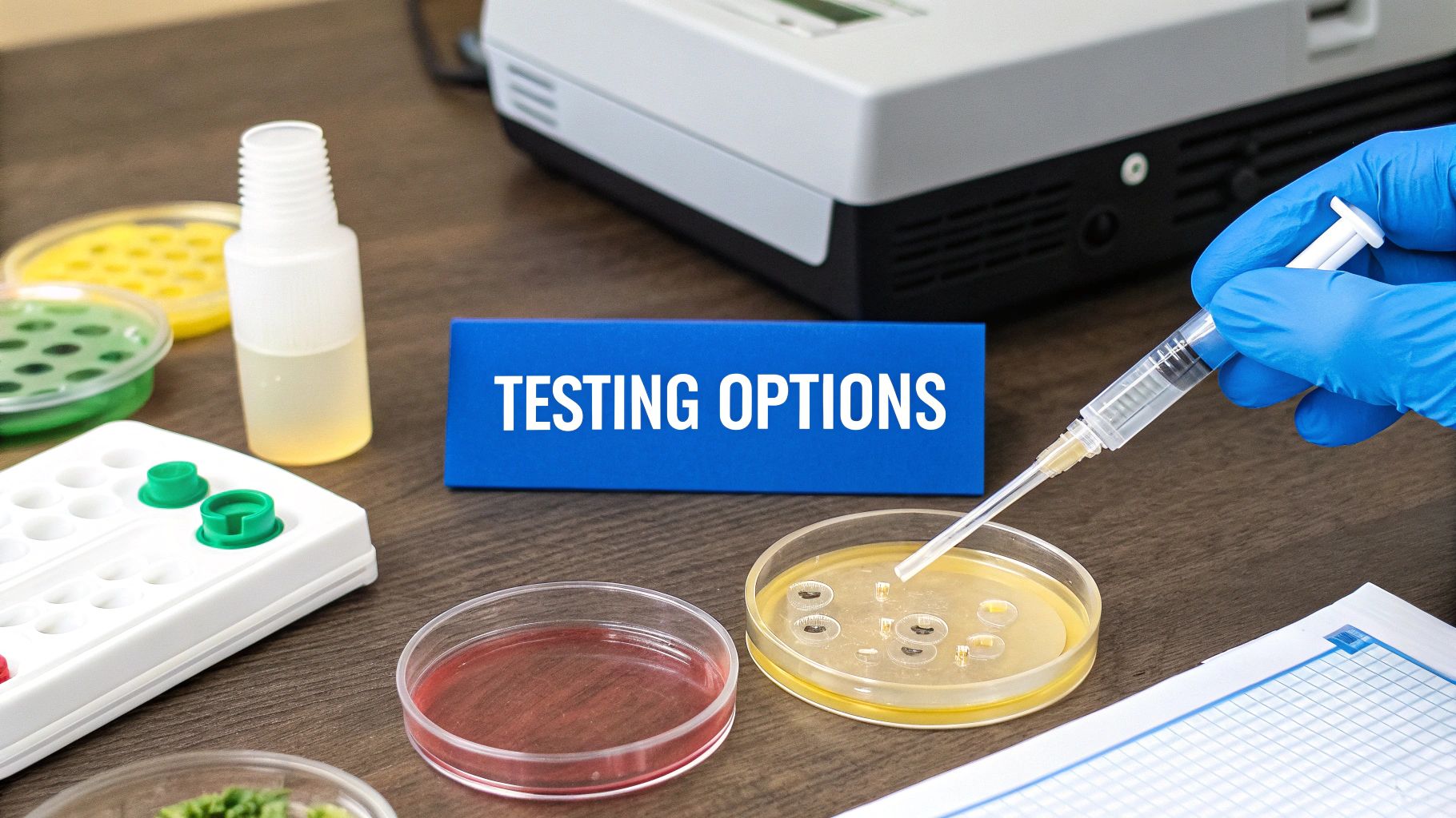 Gloved hand holding a syringe in a lab with testing samples and a 'TESTING OPTIONS' sign.