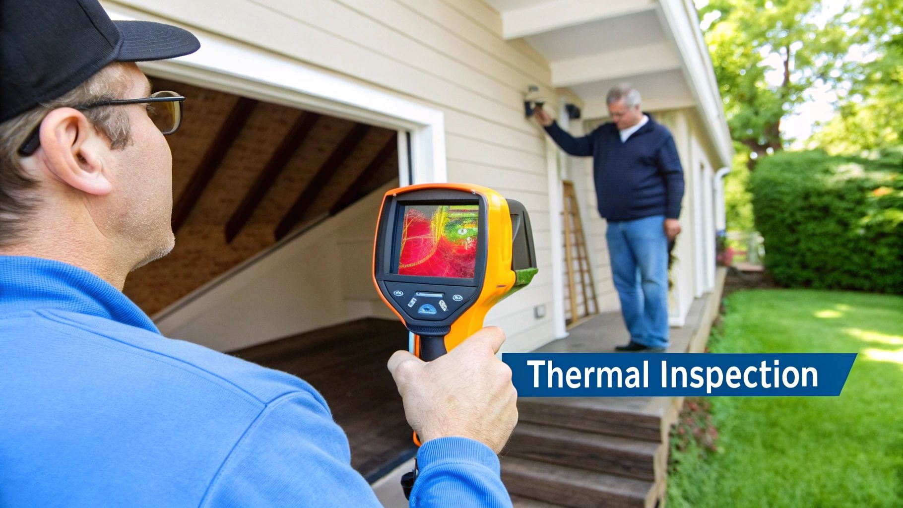An inspector uses a thermal camera to identify heat issues on a house exterior.