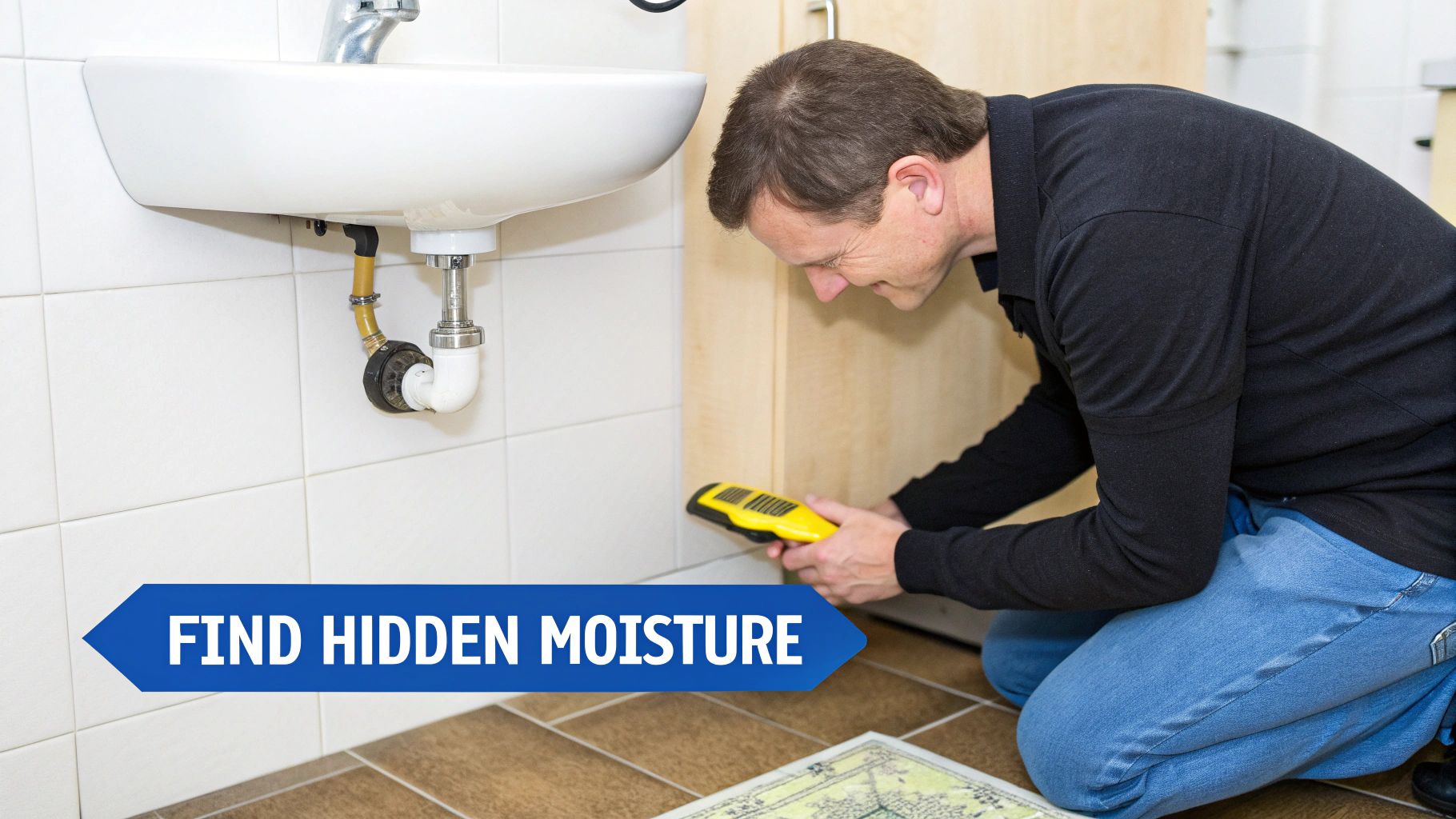 A person using a person using a moisture meter to check for dampness on a drywall surface near a window sill.