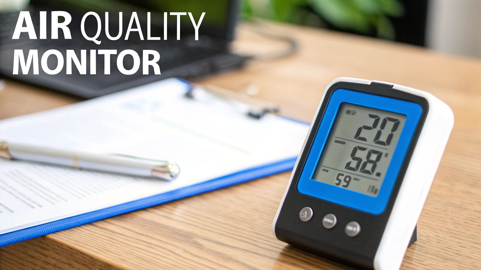 An indoor air quality monitor on a wooden table displaying readings for PM2.5, VOCs, and humidity.
