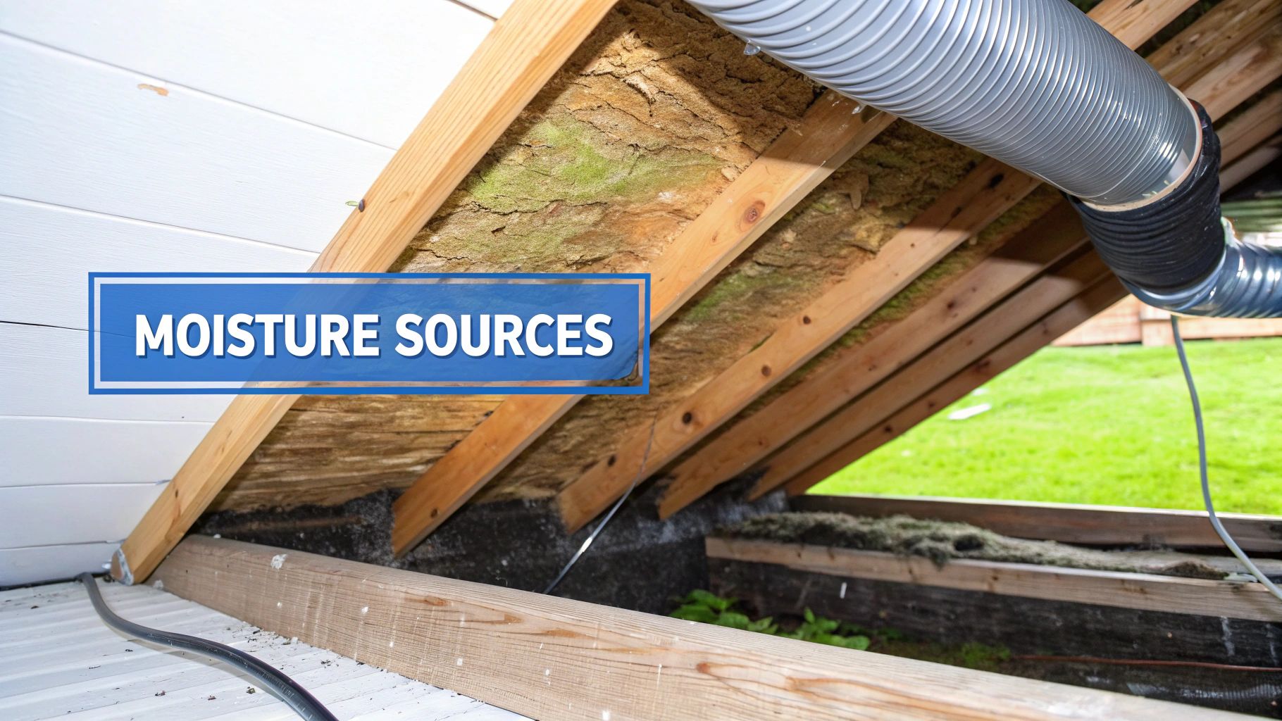 Attic insulation with visible mold and a ventilation duct, indicating moisture issues.