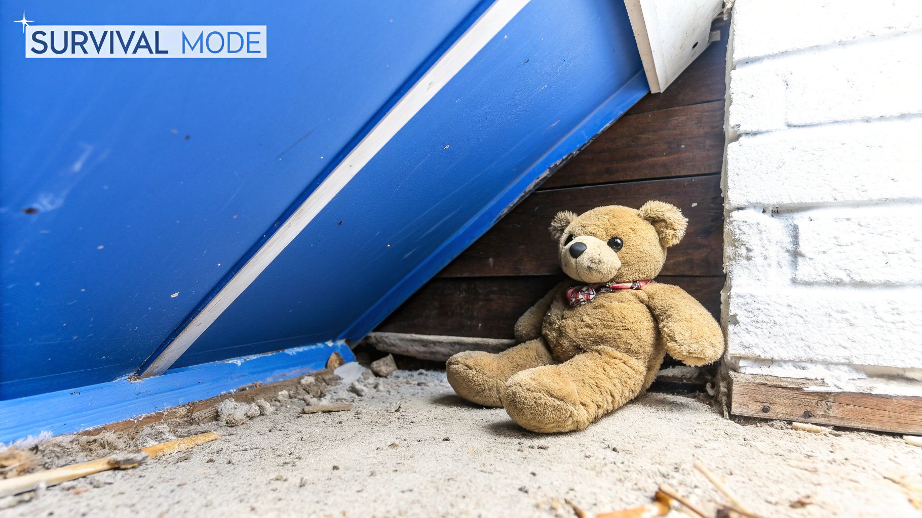A worn teddy bear sits on sandy ground next to a blue object and a white wall.