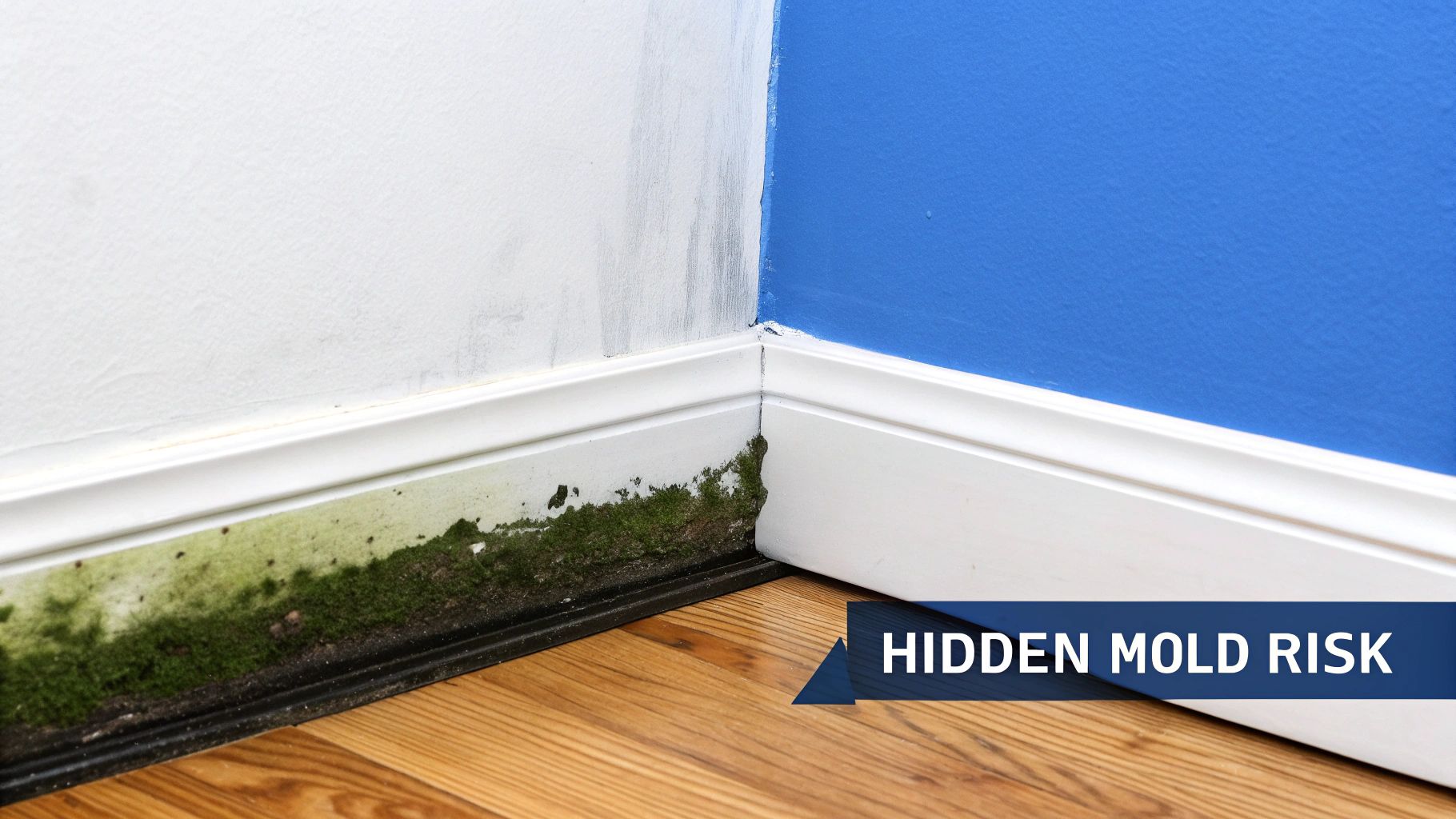 Significant green mold and discoloration creeping up a white wall from the baseboard in a room corner.
