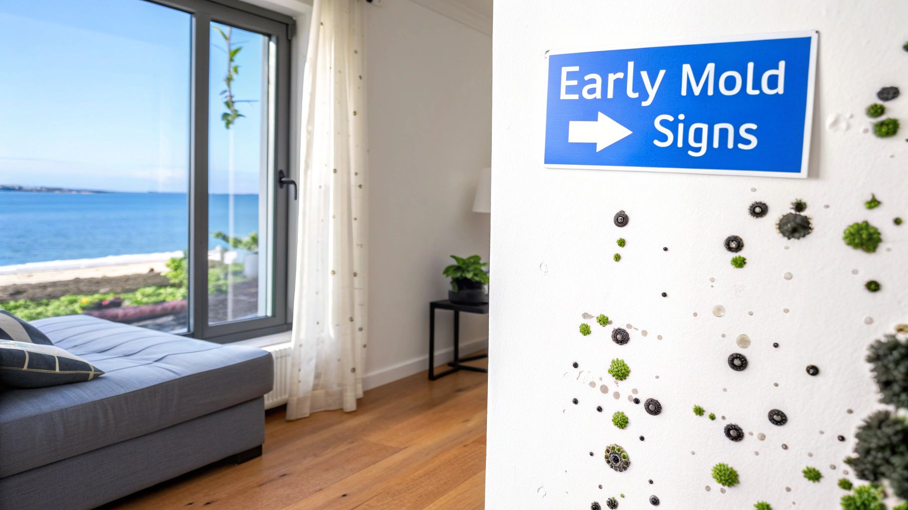 Blue 'Early Mold Signs' on a wall with green and black mold, beside a room with an ocean view.