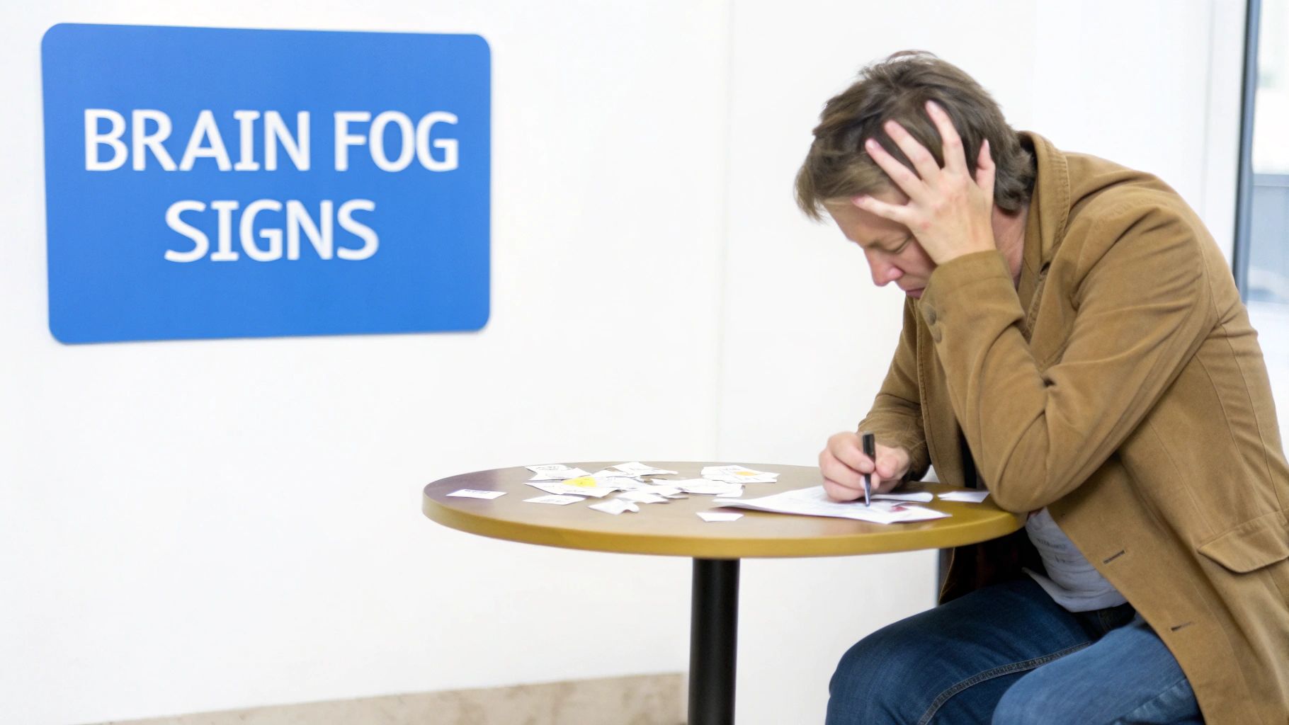 A man sits at a table, holding his head, writing, with a blue 'Brain Fog Signs' poster on the wall.