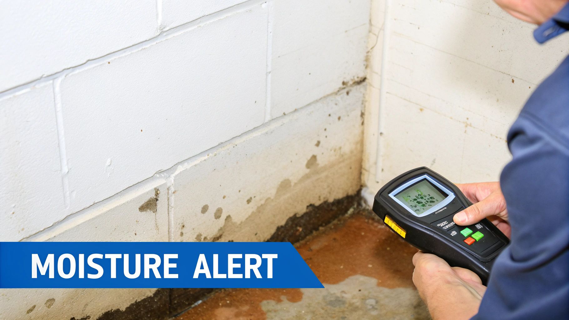 A person uses a moisture meter to check a damp, discolored basement wall for water damage.