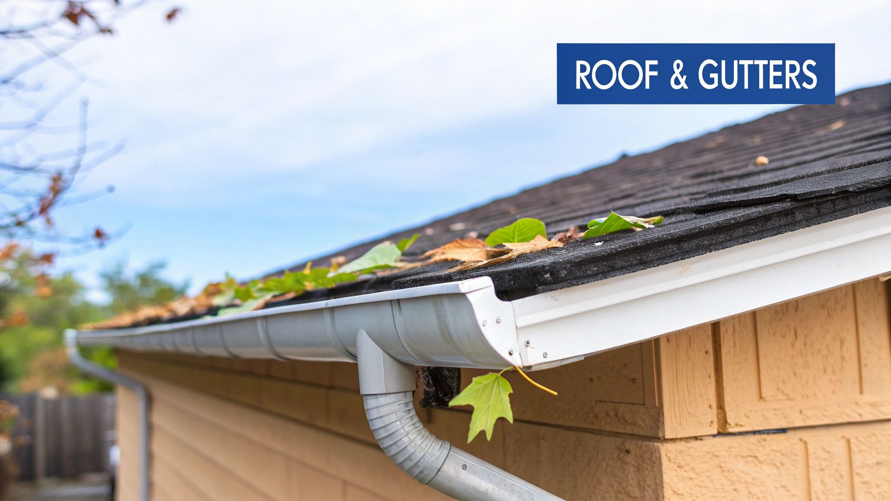 Close-up of a residential roof and white gutters with fallen leaves, indicating needed maintenance.