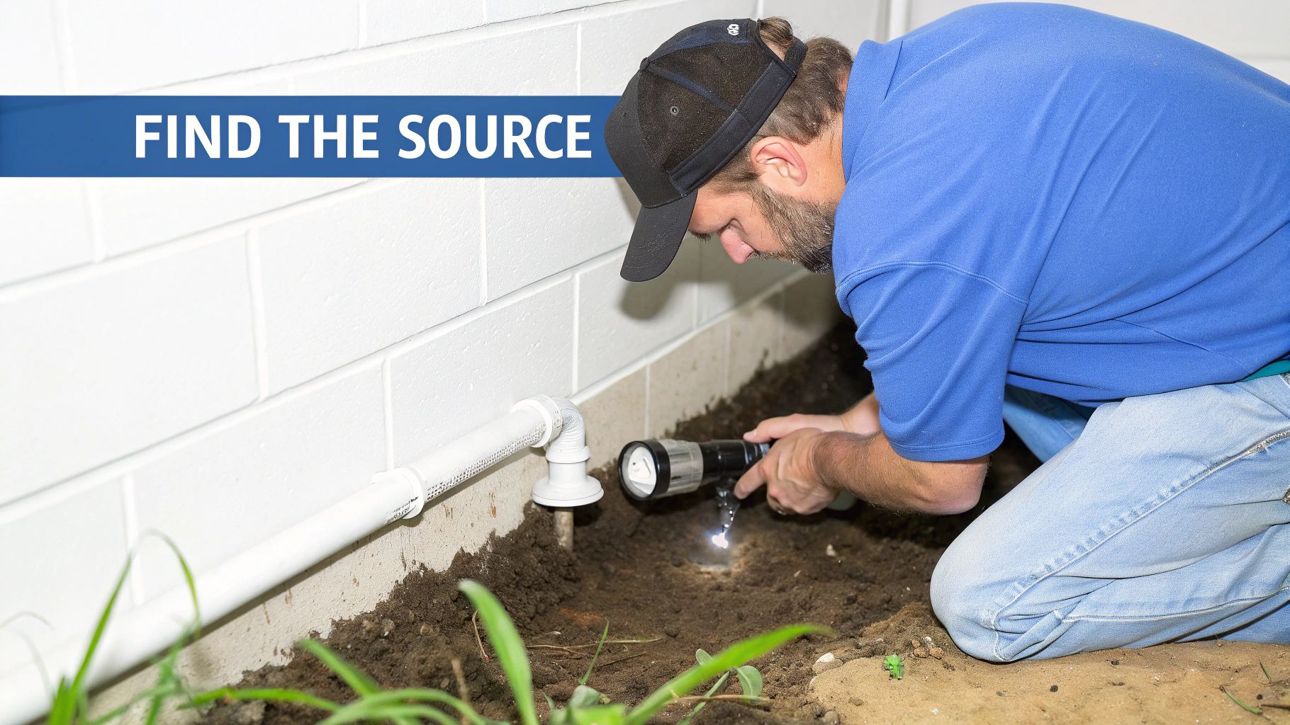 A professional inspecting a dark, damp crawl space with a flashlight