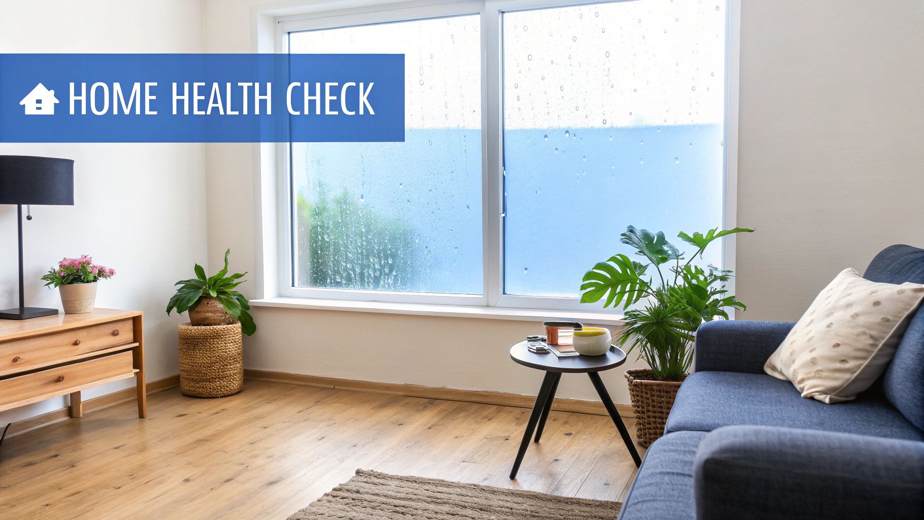 A cozy living room with a blue couch, plants, and a window with raindrops, featuring a 'HOME HEALTH CHECK' banner.