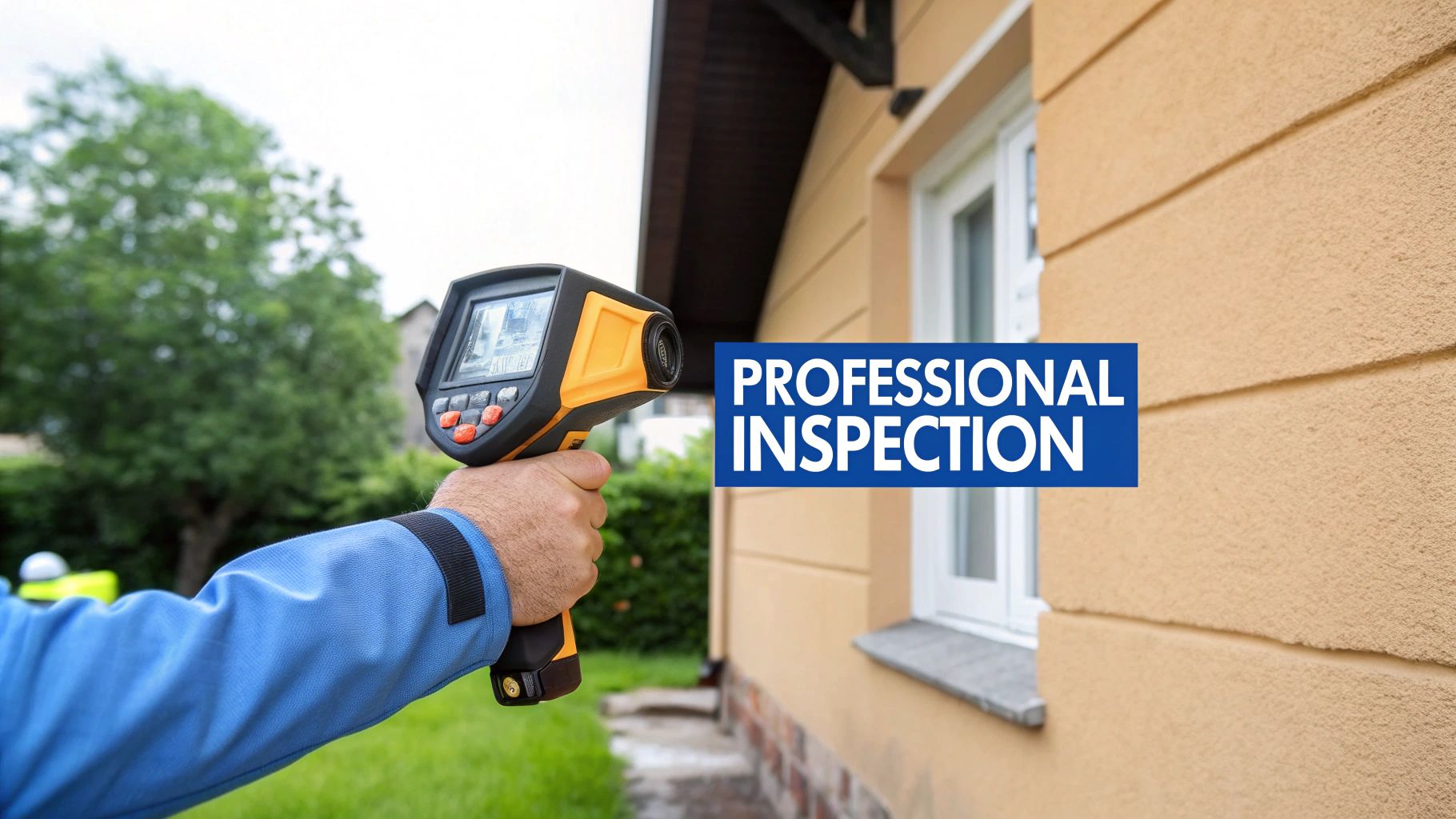 Professional inspector uses a thermal camera to check a building's wall for moisture and insulation issues.