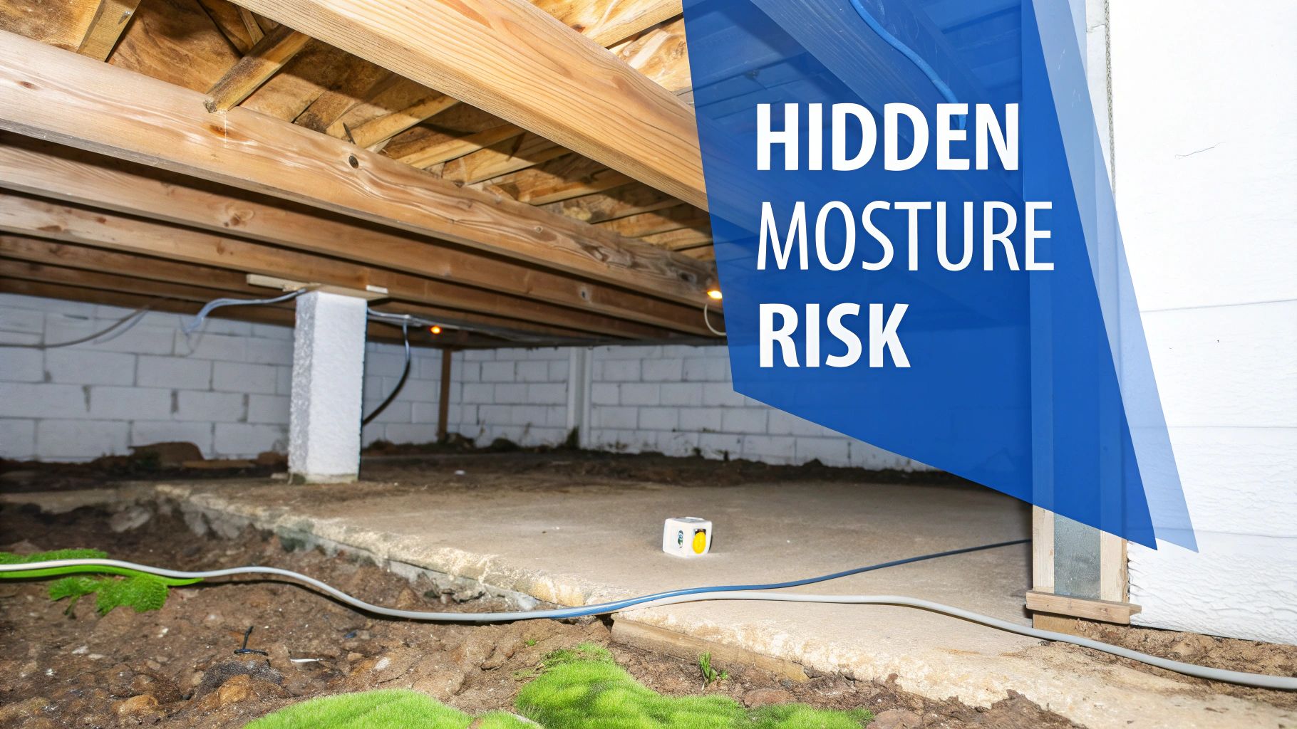 Crawl space with wooden joists, concrete foundation, dirt floor, and a text overlay indicating hidden moisture risk.