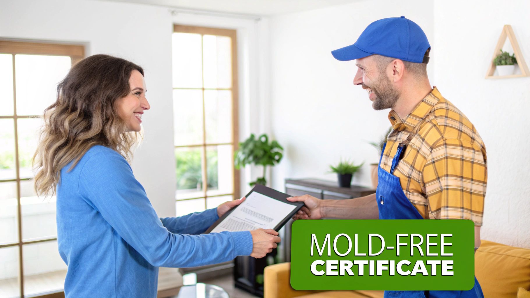 A smiling woman receives a "Mold-Free Certificate" document from a service worker in a home.