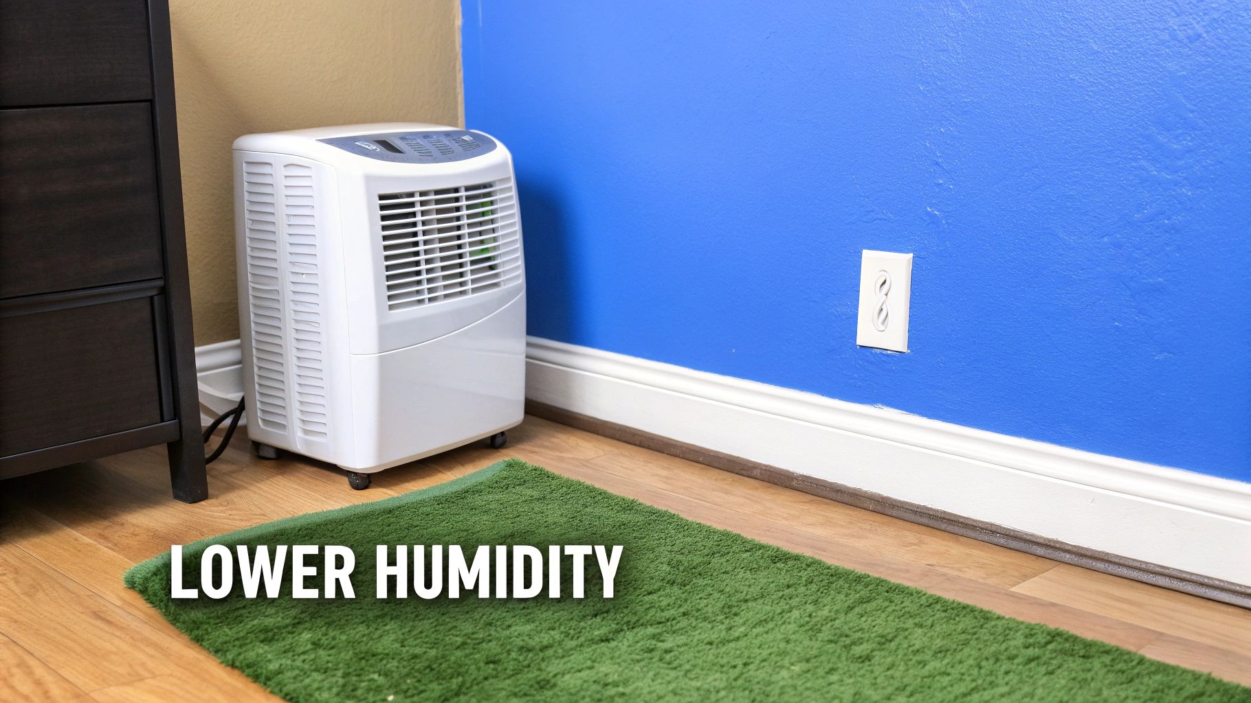 A modern dehumidifier operating in a well-lit living room, showcasing effective humidity control in a home.