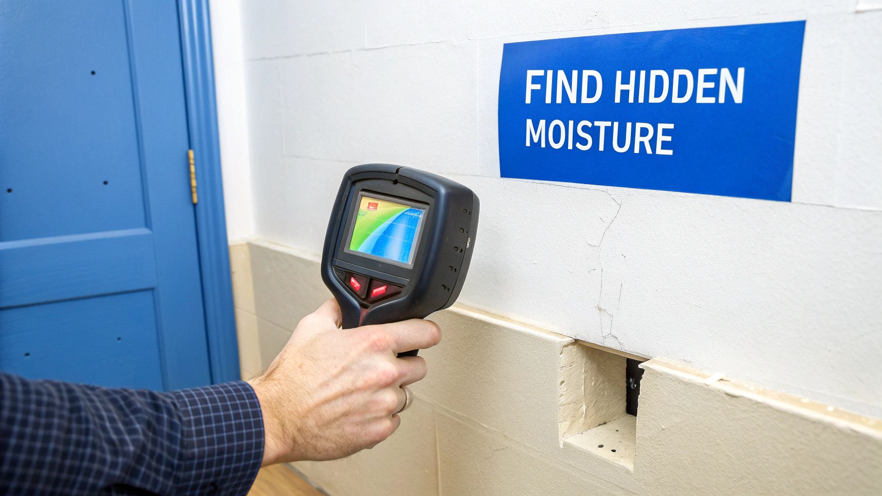 A hand holds a thermal imaging camera pointed at a wall with a 'Find Hidden Moisture' sign.