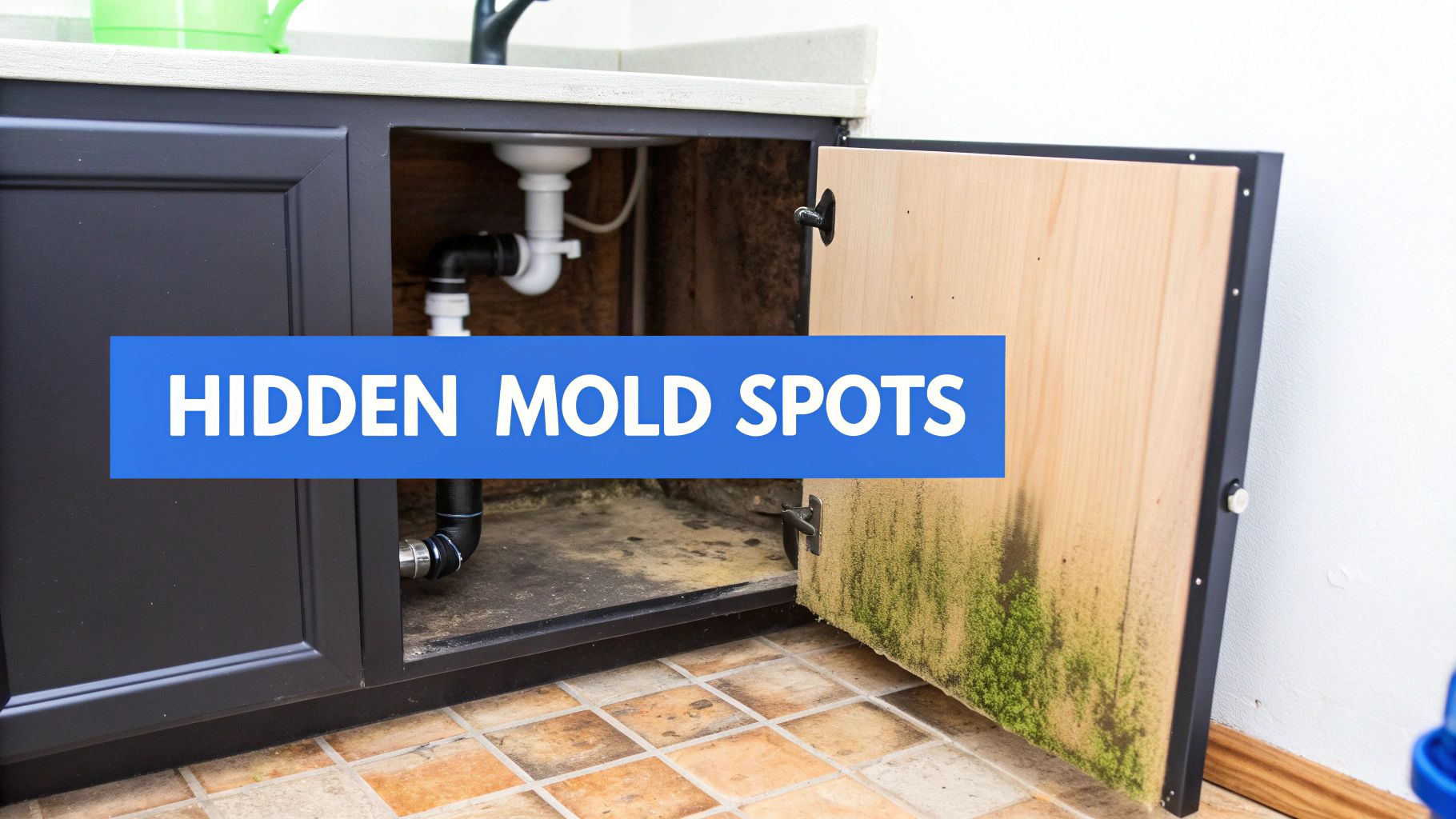 An open cabinet under a kitchen sink reveals extensive green mold growth on the door and interior surfaces, highlighting a hidden mold problem.