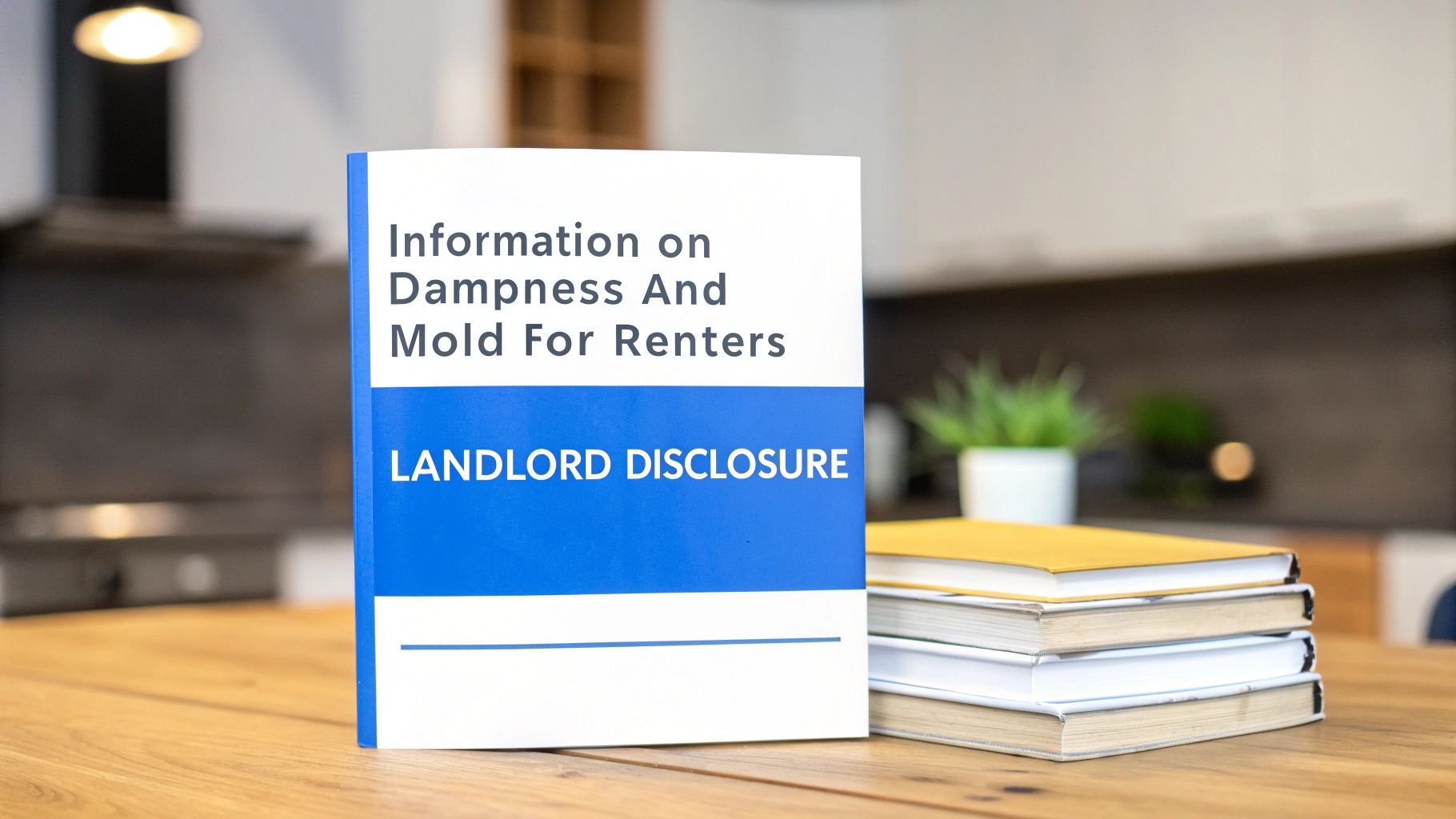 A book titled 'Information on Dampness And Mold For Renters' and 'LANDLORD DISCLOSURE' on a wooden table.